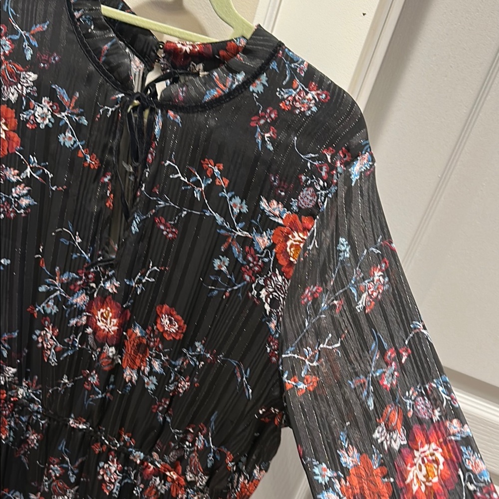 Black Floral Long Sleeve Dress Pleated